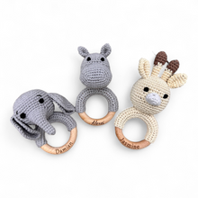 Load image into Gallery viewer, Crochet Animal Baby Rattle – Wooden Ring | Personalized Elephant, Hippo &amp; Giraffe Options
