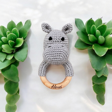 Load image into Gallery viewer, Crochet Animal Baby Rattle – Wooden Ring | Personalized Elephant, Hippo &amp; Giraffe Options
