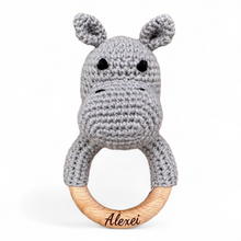 Load image into Gallery viewer, Crochet Animal Baby Rattle – Wooden Ring | Personalized Elephant, Hippo &amp; Giraffe Options
