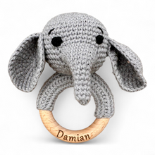 Load image into Gallery viewer, Crochet Animal Baby Rattle – Wooden Ring | Personalized Elephant, Hippo &amp; Giraffe Options
