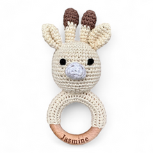 Load image into Gallery viewer, Crochet Animal Baby Rattle – Wooden Ring | Personalized Elephant, Hippo &amp; Giraffe Options
