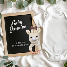 Load image into Gallery viewer, Crochet Animal Baby Rattle – Wooden Ring | Personalized Elephant, Hippo &amp; Giraffe Options
