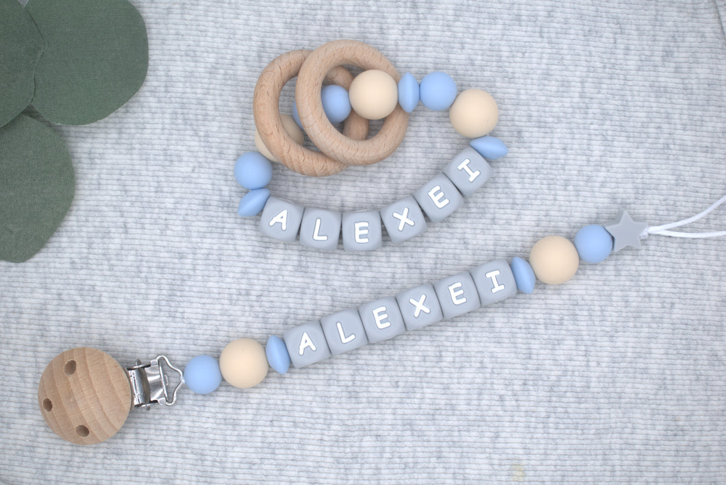 Personalized Pacifier Clips, Blue Collection, Alexei Model