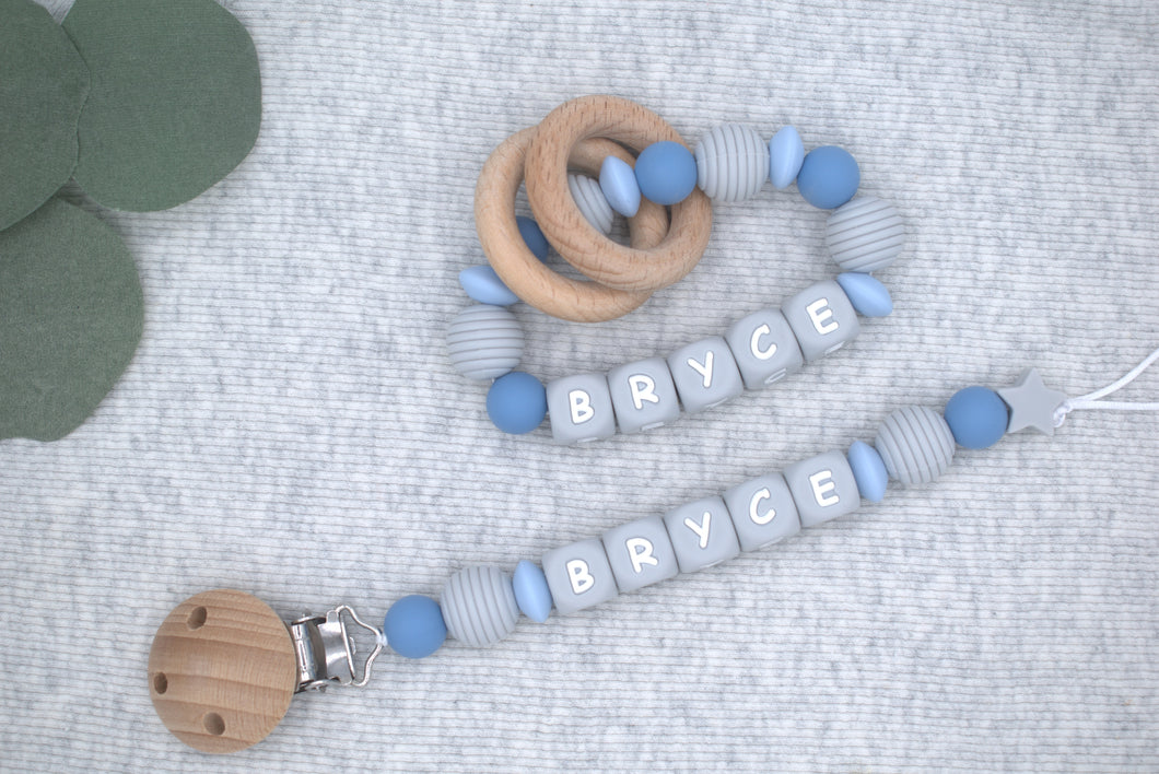 Personalized Pacifier Clips, Blue Collection, Bryce Model