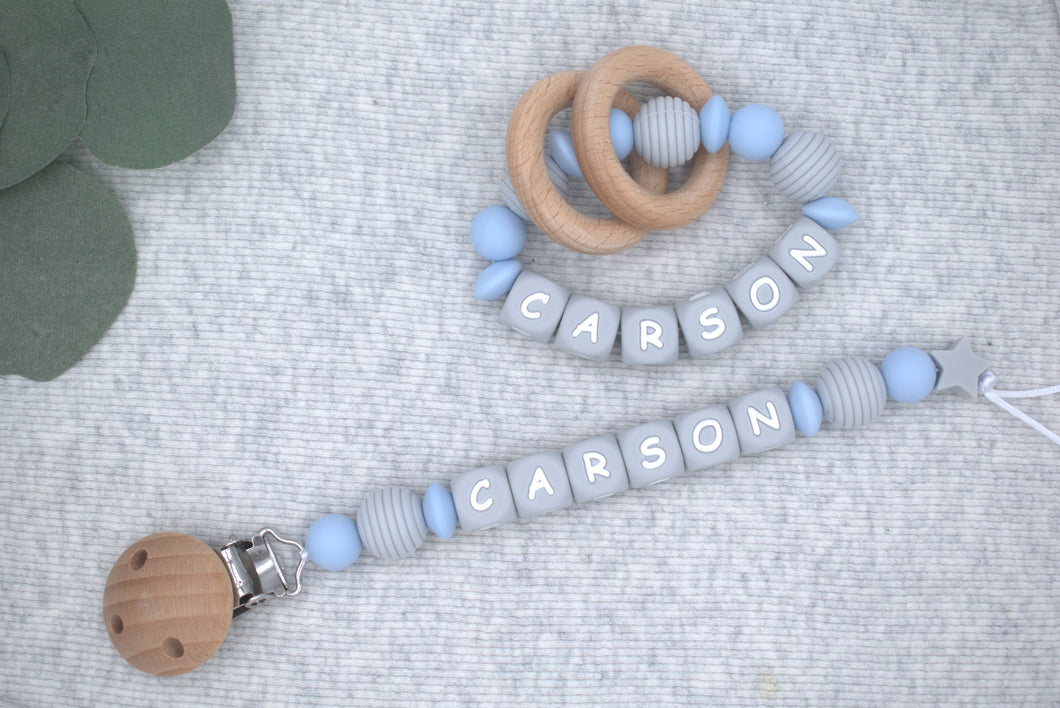 Personalized Pacifier Clips, Blue Collection, Carson Model