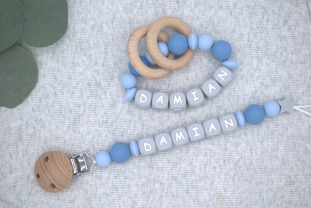 Personalized Pacifier Clips, Blue Collection, Damian Model