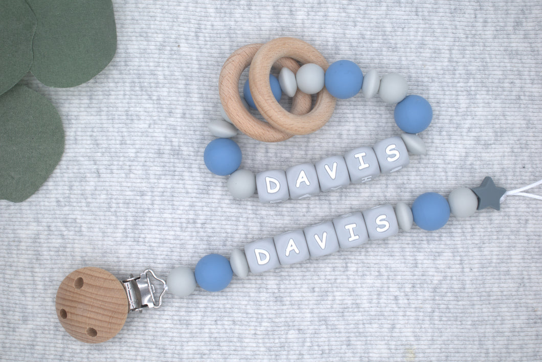 Personalized Pacifier Clips, Blue Collection, Davis Model