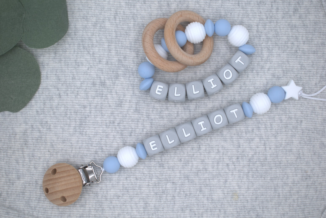 Personalized Pacifier Clips, Blue Collection, Elliot Model