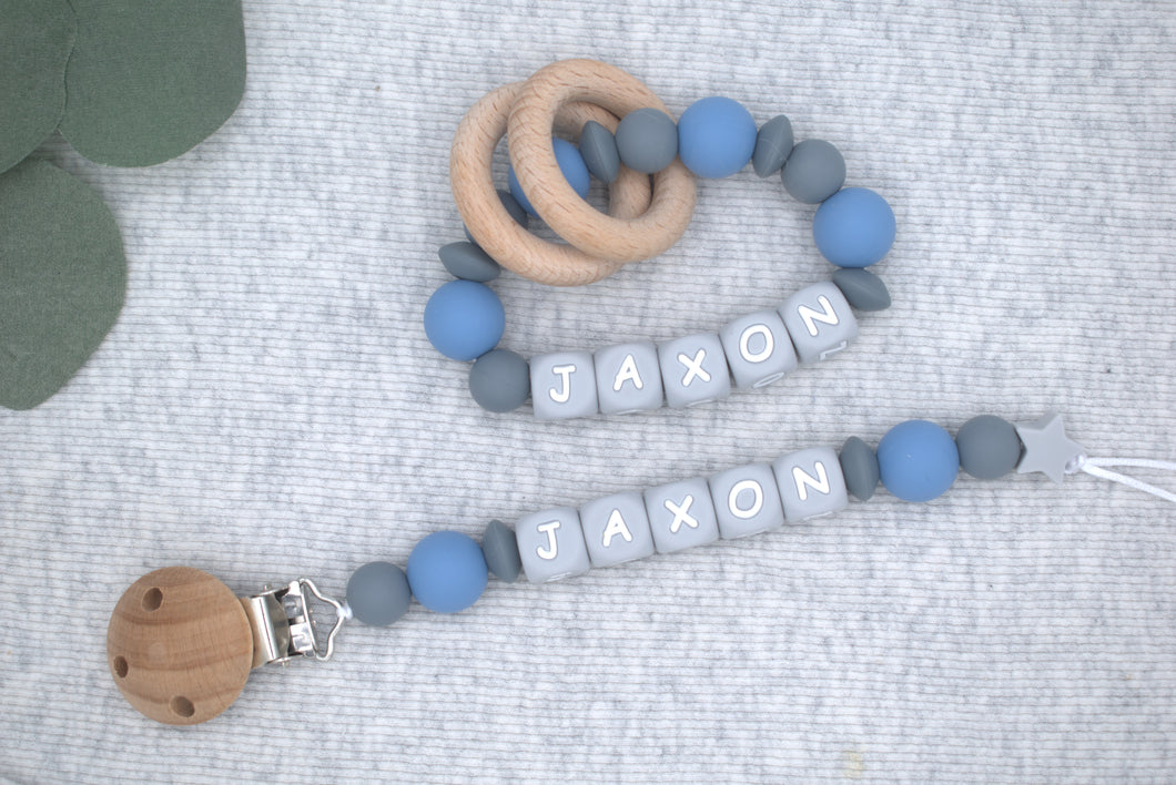 Personalized Pacifier Clips, Blue Collection, Jaxon Model